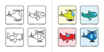 Toddlers airplane or helicopter, set of kindergarten kids coloring pages with flat colorful illustration for inspiring isolated on white background vector