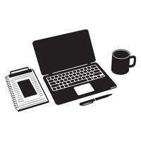 Simple Black and White Laptop, Notepad, Mug, and Pen Illustration vector