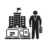 Businessman standing in front of office building and technology vector