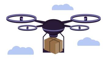 drone transporting a brown package, flying amid blue clouds on a white background, delivery vector