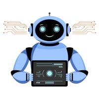 Blue robot with glowing eyes and a tablet, showcasing circuits on a white background. Futuristic and technology concept vector