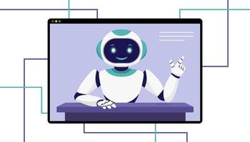 A friendly robot with a cheerful expression, presenting information via online call, futuristic background, innovation concept, online education vector