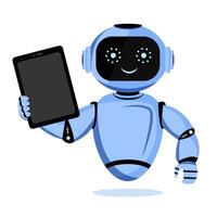 blue robot holding a black tablet, smiling on a white background. Concept of technology, robotics, and digital devices vector