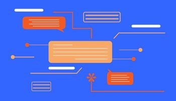Abstract design with colorful speech bubbles, lines, and dots on a bright blue background, representing communication concepts vector