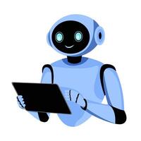 blue robot holding a tablet device, smiling, on a white background. Concept of technology, robotics, AI vector