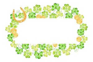 Horizontal frame with clover petals with gold horseshoe and coin and space for text for St. Patrick's Day. Illustration with watercolors. Hand drawn isolated art. Botanical border with wildflowers vector