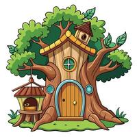 Enchanted Treehouse Inside Tree Tunk in Lush Forest vector