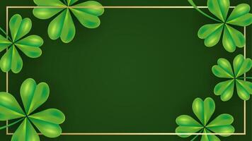 Horizontal background Happy Saint Patricks day. Clover leafs quatrefoils on green background. illustration with copy space and golden border vector