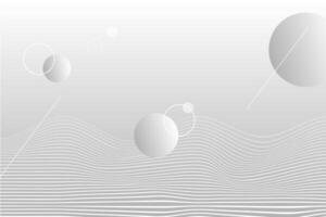 The image features abstract waves of white lines on a gradient gray background, with floating spheres and circles creating a modern, minimalistic composition. vector