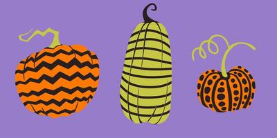 Decorative pumpkins with abstract black, orange, and green patterns with twisted stems adding a modern, whimsical touch. Ideal for Halloween, autumn decor, party invitations vector