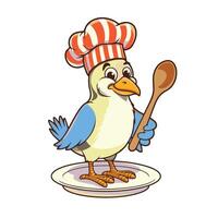 A delightful cartoon chef bird silhouette, featuring a cheerful pose and kitchen tools, presented against a white background for a lively touch. vector
