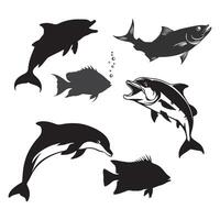 Elegant silhouettes of dolphins and sea fish, displayed on a pure white background, capturing the essence of oceanic harmony. vector