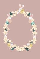 A pattern of Easter wreath with rabbits and easter eggs vector