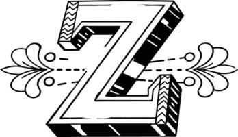 A black and white illustration of a decorative letter Z featuring bold 3D elements, intricate patterns, and ornamental flourishes. Perfect for typography, design projects, monograms vector