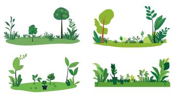 Set of vibrant spring landscape with grass, flowers, trees, and lush foliage in a nature-inspired design, on white background vector