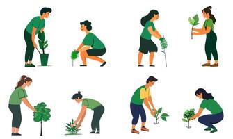 Set of Illustration of group of people planting a small tree in nature for the environment, plant a tree Arbor day vector