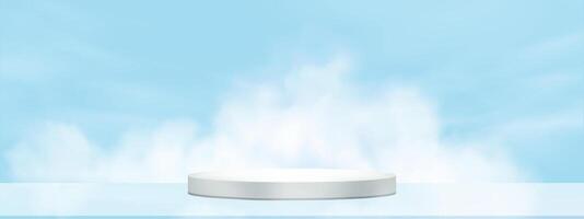 Sky,Cloud on blue Background with grey 3d round pedestal podium for Product presentation, Spring or Summer banner,Minimalist Backdrop white mock up platform with Smoke,Fog,Steam on background vector
