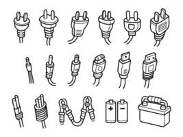 Electric plugs, connectors, and batteries line art illustration, clean outline and minimal style for product catalogs, technical documentation. vector
