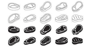 Steak silhoette and outline Icons Set. vector