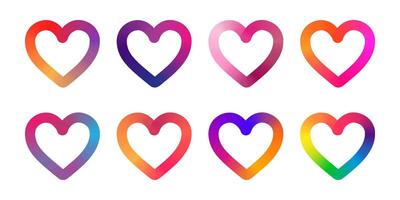 Set of gradient heart outlines in vibrant colors on a white background. Perfect for romantic designs, Valentine's Day, or love-themed projects. vector