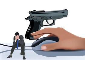 Hand holding gun pointing at businessman using computer mouse vector