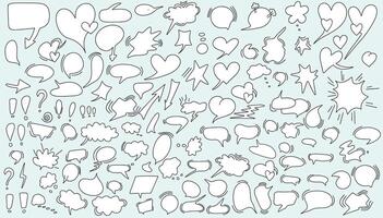 Huge set of dialog boxes, different options are hand drawn. Collection of speech bubbles for conversation, dialogue, doodle style design on blue background. vector
