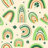 st patricks day green and orange rainbow two seamless pattern background with shamrock, clover and other elements vector