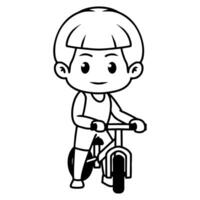 Chibi character of a kid playing with bicycle. black and white line art vector