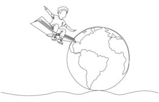 Continuous one line drawing of little boy sitting on book flying around earth globe, children and power of learning concept, single line art vector