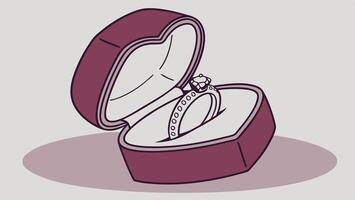 A luxurious, velvet-lined jewelry box in the shape of a heart, slightly opened to reveal a sparkling ring. The muted background leaves room for text. vector