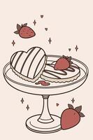 A plate of Valentines-themed dessert features a heart-shaped cookie with chocolate drizzle. vector