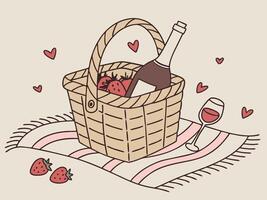 A romantic setting with wine, cheese, and strawberries is bathed in soft illumination. vector