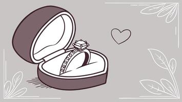 A heart-shaped jewelry box is opened slightly, revealing a sparkling ring inside. vector