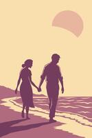 A romantic, peaceful scene of a couple walking hand in hand along the shore, bathed in a warm sunset glow. The gradient sky offers copyspace for a message. vector