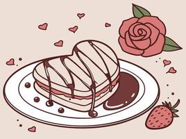 A festive dessert plate holds a cookie in the shape of a heart with decorative icing. vector