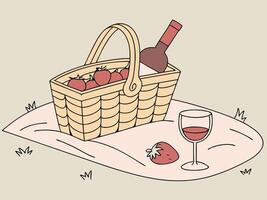 A cozy picnic scene features a bottle of wine, strawberries, and a soft blanket. vector