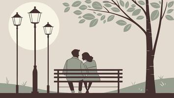 Two figures on a park bench are outlined by the soft shimmer of streetlights. vector