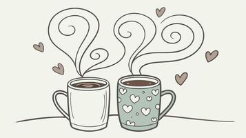 Two cozy coffee mugs side by side, with swirling steam shaping into a heart. The blurred background provides plenty of copyspace for a message. vector