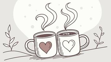 A heart appears in the air as steam rises from two warm drinks. vector