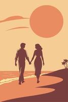 A peaceful evening scene captures two people walking against the glow of the horizon. vector