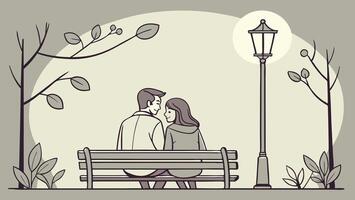 Two figures rest on a bench, their shadows illuminated by the soft city glow. vector