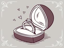 A refined heart-shaped container is slightly unlatched, holding a precious ring. vector