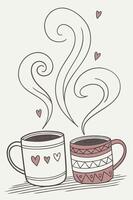 Cozy mugs with gently rising steam create a heart-shaped silhouette in the air. vector