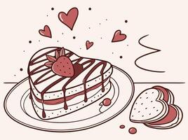 A romantic dessert setup highlights a heart cookie surrounded by chocolate sauce. vector