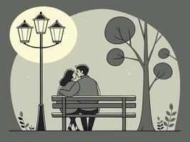 A couple sitting closely on a park bench under glowing streetlights. The scene is framed so that the quiet background allows space for text. vector
