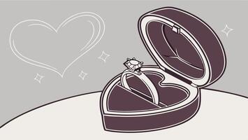 A velvet-lined heart box sits open, exposing a shimmering engagement ring. vector