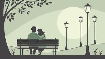 A peaceful evening scene captures two people sitting on a bench, lost in conversation. vector