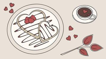 A beautifully plated dessert featuring a heart-shaped cookie and a drizzle of chocolate sauce. The soft background provides negative space for text. vector