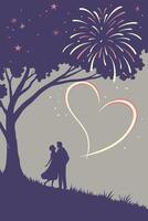 A sparkling heart shape illuminates the darkness as a hand twirls a firework. vector