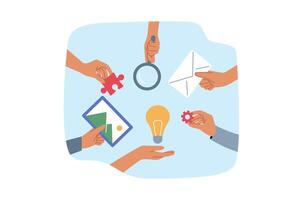 Students hands demonstrate teamwork, different tools for team brainstorming and finding solution vector